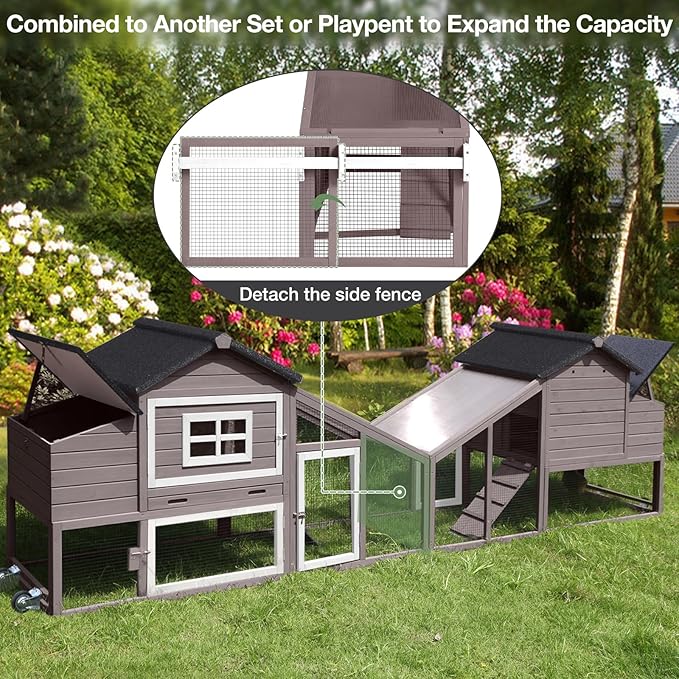 Mobile Chicken Coop with Wheels, Outdoor Hen House with Leak-Proof Tray, UV-Resistant Roof & Nesting Box for Chickens, Ducks, Rabbits (Brown)