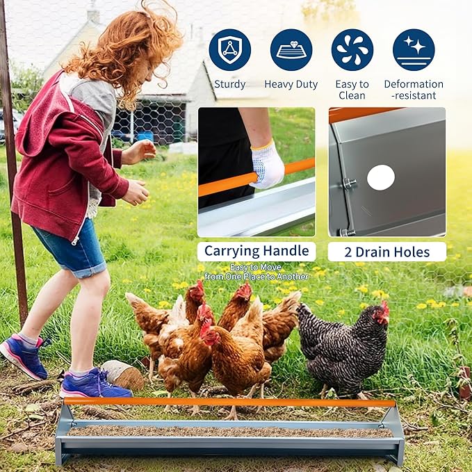 Chicken Feeding Trough 45 Inch, Heavy Duty Galvanized Steel Coop Feeder with Crossbar & Drainage Holes, Large Capacity Metal Poultry Trough Feeder for Ducks, Birds Orange