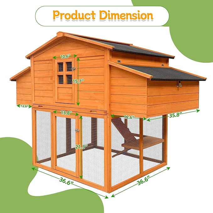Pavilion 70" Large Outdoor Wood Chicken Coop for 6-8 Hens, with 2 Nesting Boxes, Leakproof Pull-Out Tray & PVC Curtains, Secure Walk-in Run with UV-Resistant Roof for Backyard Poultry