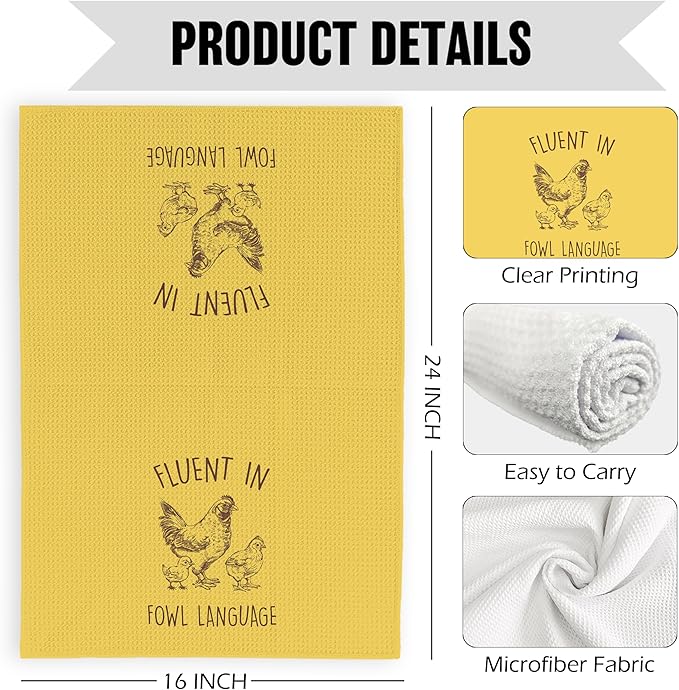 Funny Chicken YellowKitchen Dish Towels 16x24 Inch, Crazy Chicken Gifts for Chicken Mom, Fluent in Fowl Language Decorative Hand Towels Tea Towels for Farmhouse Home
