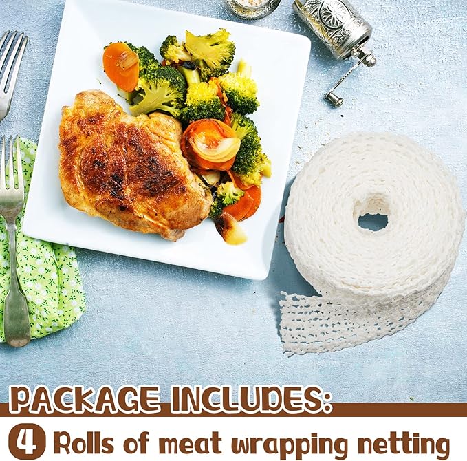 Boyiee 4 Rolls Meat Netting Roll, Size 16 Elastic Smoked Meat Poultry Ham Netting Butcher Twine Cooking String to Tie Making Smoking Drying Ham Sausage