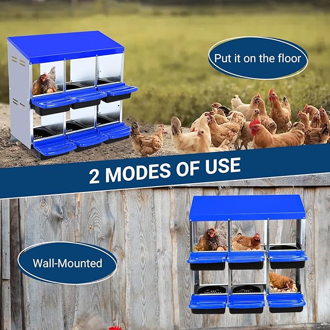 GarveeHome 2-Tier Chicken Nesting Box, 6 Compartment Metal Chicken Laying Boxes with Waterproof Roof ＆ Removable Trays for Hens, Poultry，Easy Egg Collection