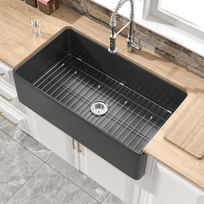 Extra Large Black Farmhouse Sink 36 x 20 Inch, MIN. Base Cabinet Size: 24"Dx39"W, Firecaly Apron Front Undermount Farm Sink Deep Single Bowl for Kitchen, w Accessories 2 Types