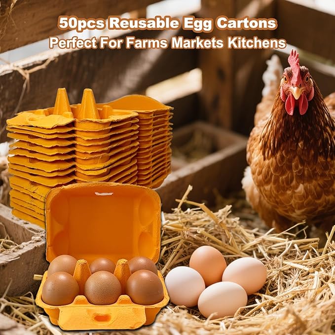 Reusable Egg Cartons, Paper Pulp Material, 50 Pack, Pink Yellow Orange Red Colors, Farm Fresh Eggs Storage Container (Orange)