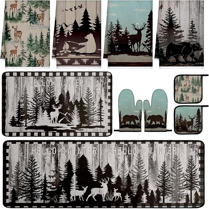 10 Pcs Farmhouse Kitchen Decor Set Dish Towels Kitchen Rugs Oven Mitts and Pot Holders for Cooking Baking Grilling Women Mom Daughter Gift (Brown,Green,Forest)