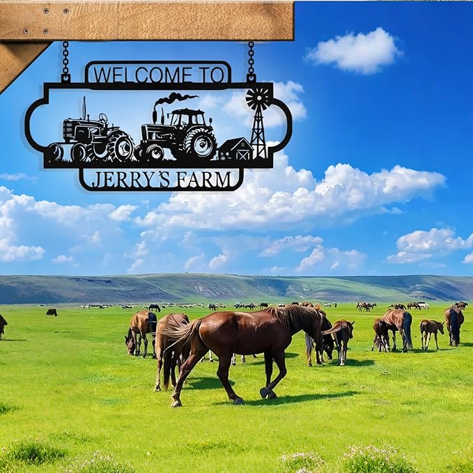 Personalized Metal Farm Sign, Custom Tractor Farm Metal Signs Outdoor, Custom Ranch Sign, Customized Large Hanging Family Name Welcome Sign for Farms, Ranch, Barn, Farmhouse