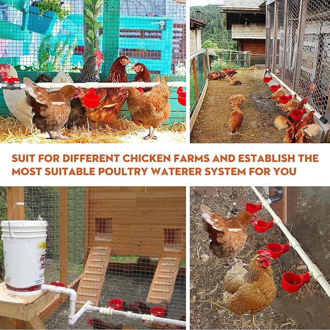 Automatic Chicken Waterer System, DIY Poultry Pipe Water Feeder Set, Include 8 Chicken Water Cups, Ball Valves and Tee, Coop Automatic Clean Waterer (Red, 8-Cups)