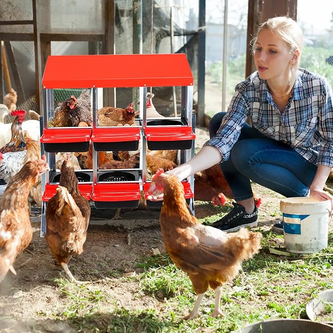Nesting Boxes for Chickens, Chickens Laying Boxes for Chicken Coop with Legs, 6 Compartments Chicken Nesting Boxes with Removable Tray, Easy Cleaning, for Hens Outdoor Chicken Coop Farm Yard, Red