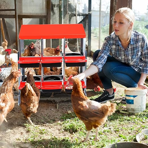 Garvee Chicken Nesting Boxes, 6 Hole Metal Chicken Laying Box with Removable Trays for Chicken Coop, Red, with Metal Legs