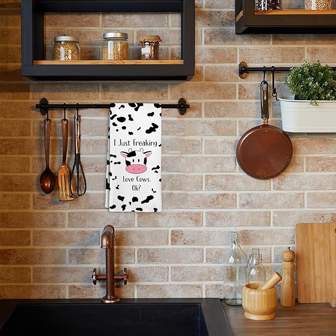 Funny Cute Cow Gifts Kitchen Towel and Dish Towel, I Just Freaking Love Cows Ok Hand Towels, Cute Cows Decorative Hand Dish Tea Towels for Nursery Bathroom Kitchen,Gifts for Cow Lovers 16x24