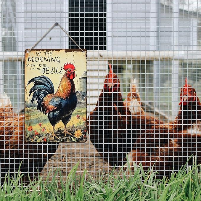 PEACHGARDEN Rooster Decor Chicken Coop Metal Sign Rooster Crowing - In The Morning When I Rise Give Me - Farmhouse Wall Art Decor for Garden Kitchen Yard Farm 8X12inch