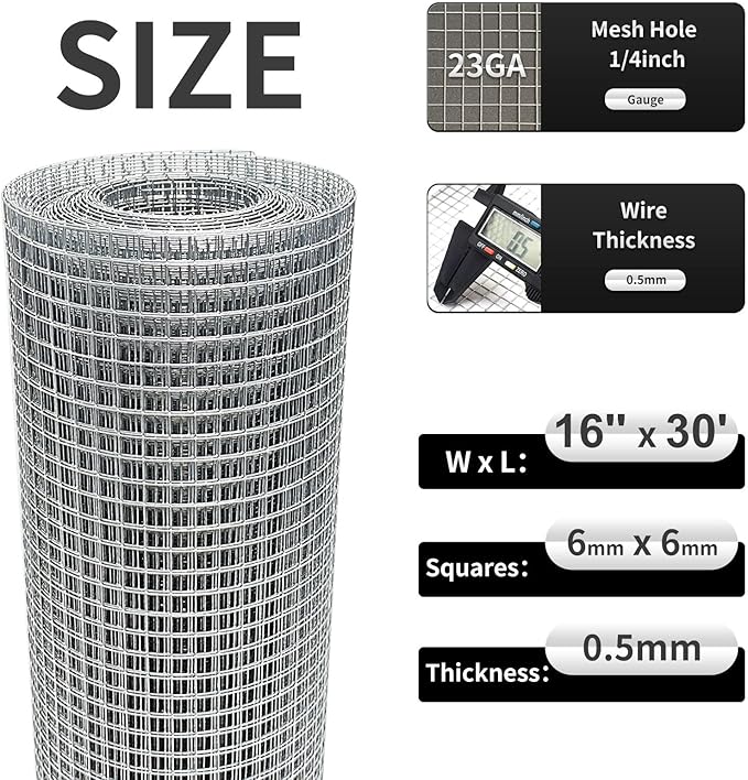 Hardware Cloth 16'' x 30' 1/4 in Galvanized Wire Mesh Roll (23 GA) Chicken Wire Fence Roll for Chicken Pen/coop Fences, Screen mesh, Rabbit/Snake Fences, Poultry enclosures, Handicraft Making, etc.
