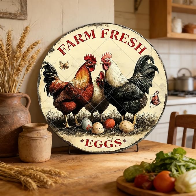 Funny Chicken Signs Farm Fresh Eggs Round Vintage Chicken Tin Sign for Coop Metal Tin Signs Poster 12 Inch