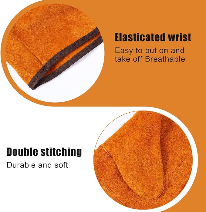 12 Pairs Leather Work Gloves Cowhide Leather Gardening Gloves with Reinforced Palm and Elastic Band, Thick Leathers Glove for Men Women Construction, Wood Cutting, Driving, Automotive Repair (Yellow)