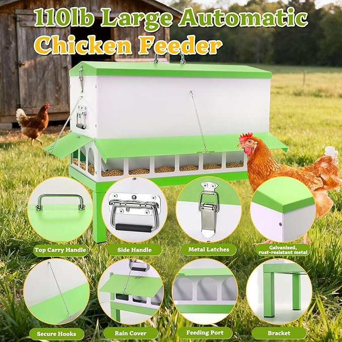 Metal Chicken Feeder 110lb,No Waste Automatic Large Capacity Chicken Feeder with 18 Ports & Locking Lid, Galvanized Poultry Equipment,Weatherproof,Rodent Proof, Rat Proof, Comederos para Gallinas