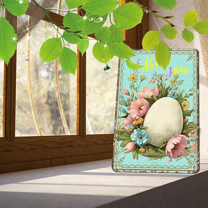 Easter Egg Retro Tin Sign Fun Metal Sign “Easter Joy” For Home Living Room Garden Yard Outdoor Wall 8X12Inch
