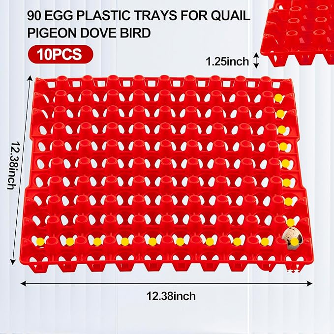 10 Pcs 90 Egg Plastic Trays Quail Egg Flats Holder for Quail Pigeon Dove Bird Flat Carton (Red)
