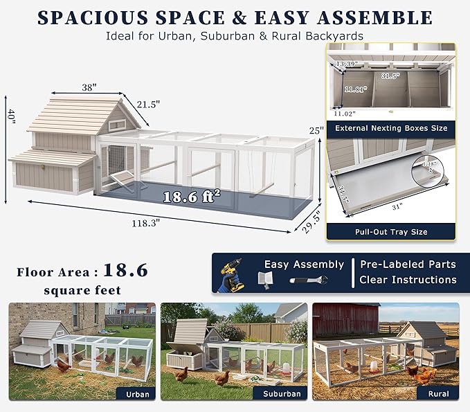Large Wooden Chicken Coop with Run for 2–6 Chickens Outdoor Hen House with Raised Floor, Weatherproof Roof, 6 Nesting Boxes, 3 Perches & Slide-Out Tray Hen Coop for Backyard Poultry Pets