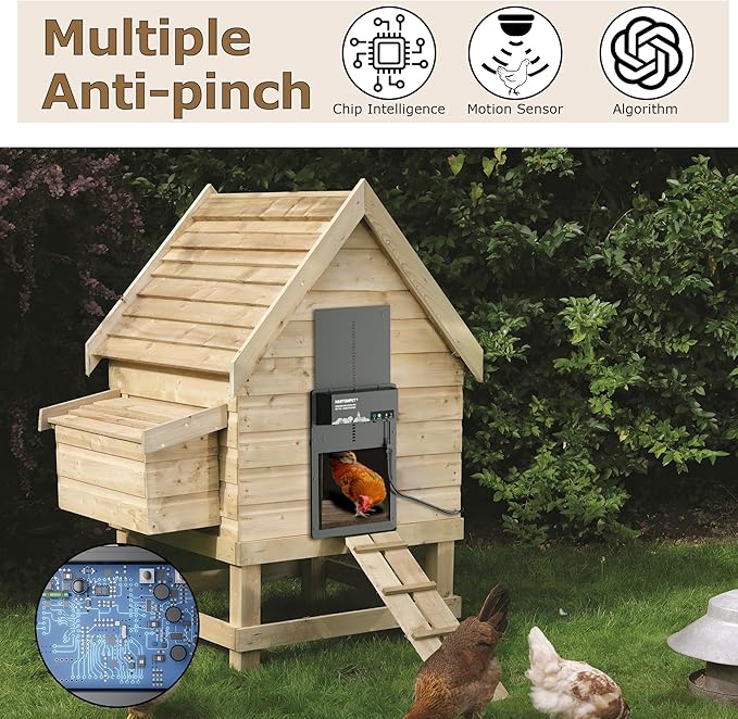 Automatic Chicken Coop Door - Programmable w/App, Battery/Solar Panel/Grid Operated, Motion Sensor for Anti-Pinch, Aluminum Door, Plug&Play Electric Chicken Door, 1-Year Warranty
