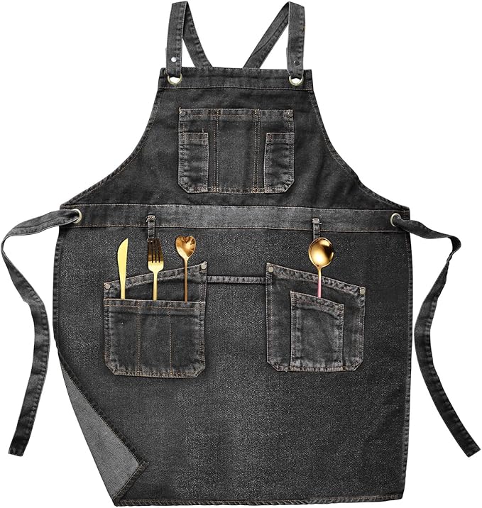 Denim Apron with Multi Pockets for Kitchen, Cooking, BBQ & Gardening
