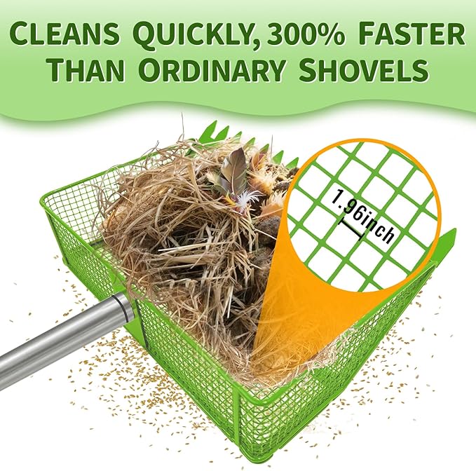 2-in-1 Chicken Coop Scooper: Extra Large 12” Poop Scooper & Rake with Adjustable Handle (37”-65”) | Heavy-Duty Metal Shovel for Quick Pet Waste, Rabbit, Guinea Pig, Barn Cleaning | Green