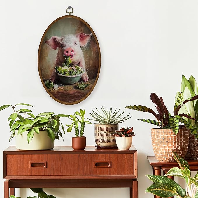 WULQYING Funny Pig Kitchen Wall Art Decor, Rustic Farmhouse Pig Oval Framed Canvas Art Prints, Country Farm Animal Wall Hanging Decor for Home Kitchen Dining Room, 8.6x11.4 Inches