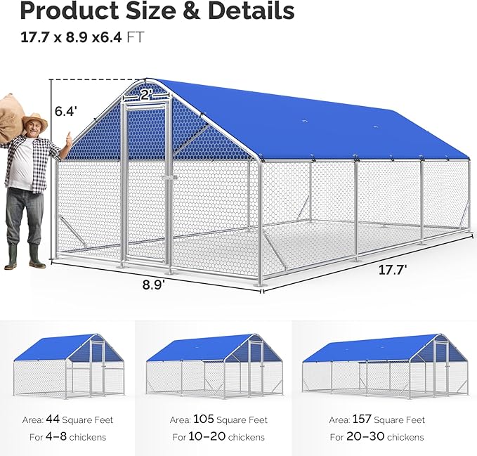 Large Metal Chicken Coop with Hexagonal Chicken Wire, Chicken Coop Run Pen for Yard with Waterproof Cover, Outdoor Large Walk-in Chicken Coops for 30 Chickens Duck Pen House Cage Run