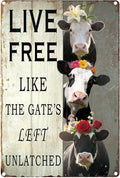 8x12-In Vintage Cow Decor Sign – ‘LIVE FREE LIKE THE GATE'S LEFT UNLATCHED’ – Funny Rustic Metal Wall Plaque for Kitchen, Porch, Cow Shed – Waterproof Gift for Cow Lovers & Moms