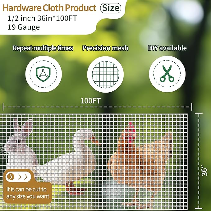 19Gauge 1/2in 36in×100ft Hardware Cloth Chicken Wire Fence Galvanized Wire Mesh Roll Plant Welded Metal Wire Fence Supports Poultry Animal Netting Cage Fence Used in Industry, Agriculture, Farming