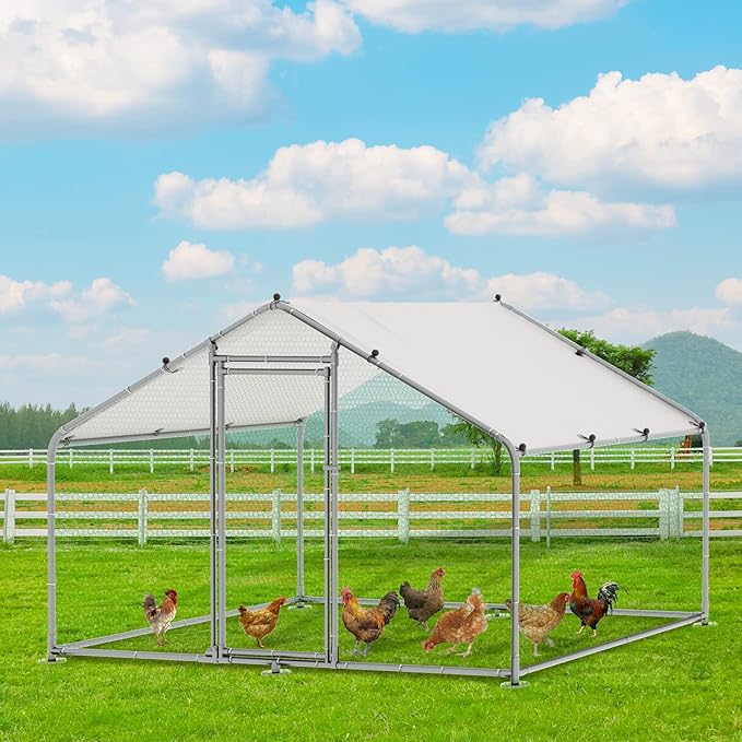 VIVIJASON Large Metal Chicken Coop Outdoor Walk-in Poultry Cage Hen Run House Rabbits Habitat Cages Spire Shaped Coop with Waterproof and Anti-UV Cover for Yard Farm (6.56' L x 9.84' W x 6.56' H)