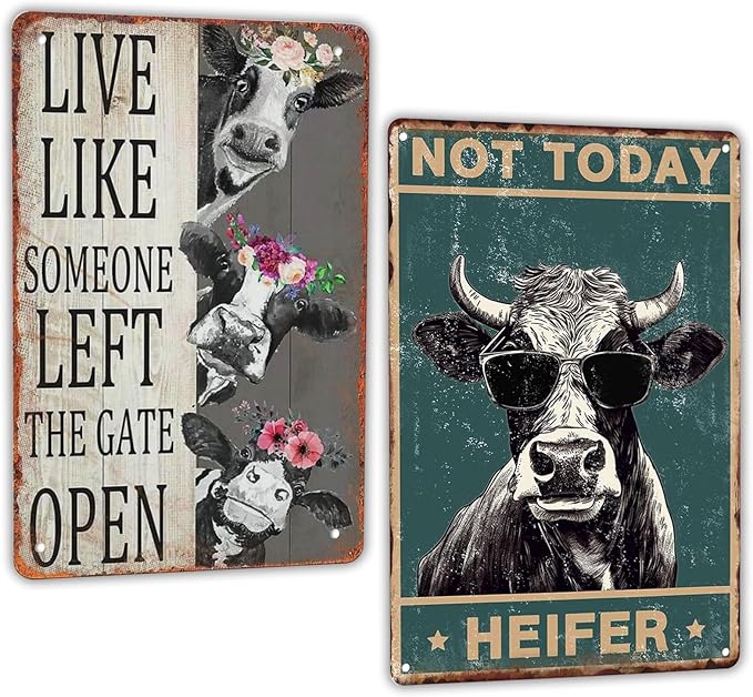 2 Pack Vintage Cow Decor Sign Funny Christmas Cow Decor Tin Signs for Home Farm Fence Bathroom Bedroom Wall Garden Decor 8 x 12 Inches
