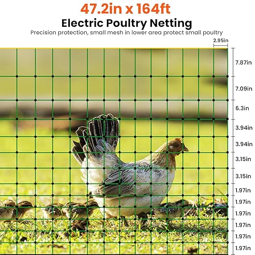 Poultry Netting Electric Fence, Electric Poultry Enclosure for Chickens, Ducks, Turkeys, 47.2" H x 164'L, PE Net Fencing Kit with Posts & Double-Spiked Stakes, Used in Backyards, Farms