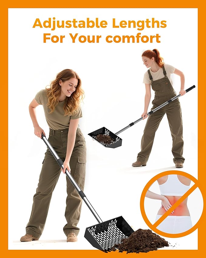 Chicken Poop Scooper & Rake 2-in-1, Adjustable Chicken Coop Pooper Shovel (35 to 62"), Sifting Litter Shovel Scoop for Chicken Coop/Goat Stall/Stable Cleaning Tool