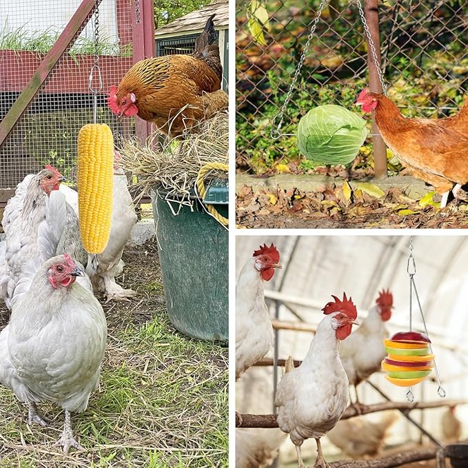 Hanging Chicken Feeder Chain 2 Veggies Skewers Stainless Steel Vegetable Forks Fruit Feeders for Hens Ducks Goose and Large Birds Coop Toy Accessories