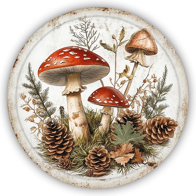 Funny Mushroom Rustic Round Garden Metal Signs Vintage Tin Sign Retro Wall Wreath Decor for Home Garden Yard Bar Cafe Farmhouse Garage Indoor Outdoor 8 Inch