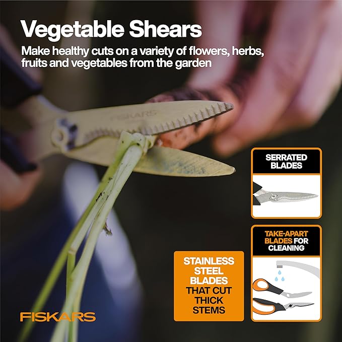 Fiskars Vegetable Gardening Essentials 6-Piece Tool Set for Cultivating, Serrated Stainless Steel Shears & 4-in-1 Seed Sower for Planting, Rust-Resistant Steel Trowel, Cultivator, Weeder, L/XL Gloves