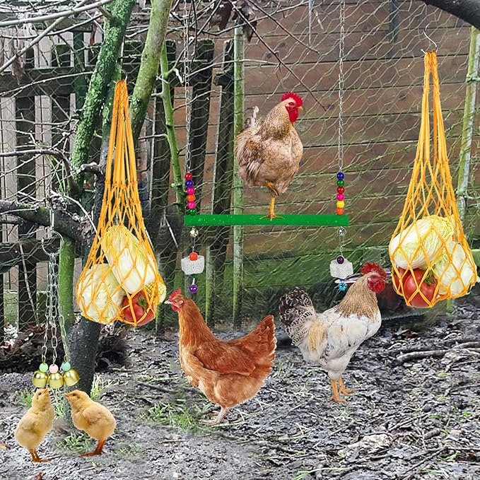 12 Pack Chicken Toys for Hens,Net Mirror Bell Xylophone String Vegetable Fruits Skewer Hanging Ladder Swings Coop Accessories for Hens Bird Parrot