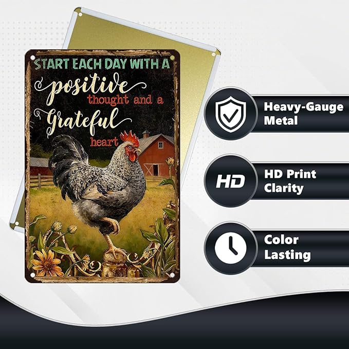 Chicken Metal Sign Chicken Coop Metal Decor Start Each Day Tin Signs Vintage Farmhouse Poster Rustic Wall Decor For Home Farm Poultry House Fence Kitchen Fence Porch Office Cafe 12 * 8 In