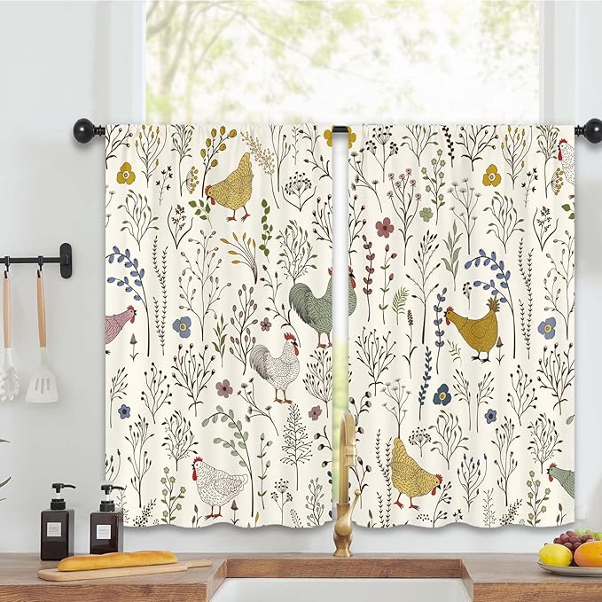 Rooster Chicken Leaves Kitchen Curtains 27.5W x 39L Inch Plant Botanical Rustic Farmhouse Cottagecore Rod Pocket Short Small Window Treatment Drapes Decor 2 Panels
