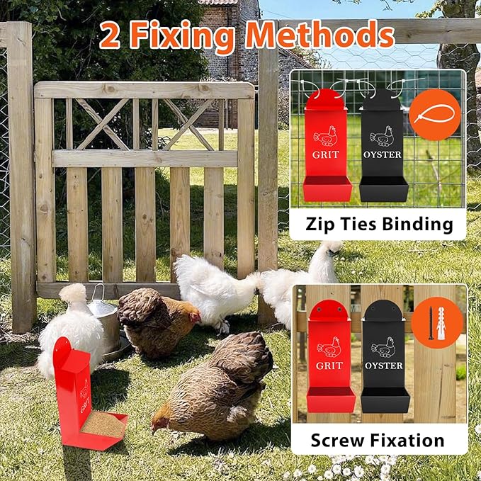 2Pack Chicken Grit Feeder, Metal Oyster Shell Feeder with Lid, Hanging Gravity Chicken Poultry Feeders Trough, Coop Accessories Supplies