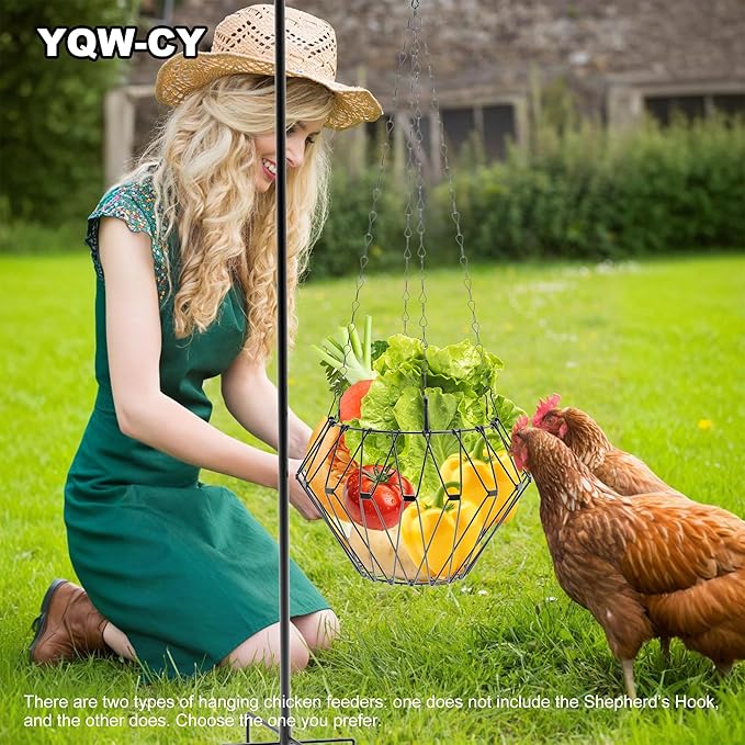 Hanging Chicken Feeder with Shepherd's Hook, Foldable Chicken Vegetable Fruits Feeder, Poultry Feeding Holder Basket with Hanging Chain for Chicken Coop Accessory