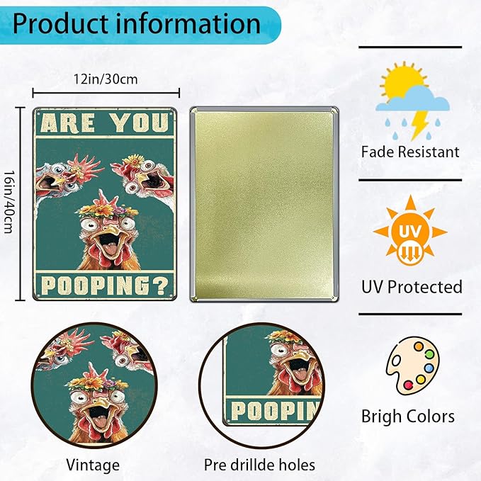 Vintage Are You Pooping Chicken Metal Sign Funny Chicken Coop Farm Metal Poster Home Kitchen Bathroom Garden Toilet Tin Sign Wall Decor 12x16 Inch