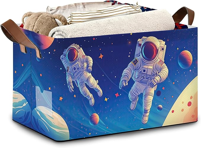 Astronaut Collapsible Storage Box,Planet Organizer Bin with Handles for Room Decoration,Bins Book Basket Box 17x11.5x10Inch