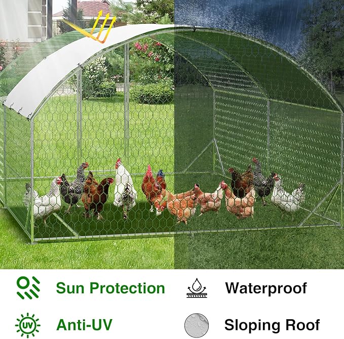 Garvee Metal Chicken Run, 9.8 x 13.1 x 6.6 Ft Metal Chicken Coop for Yard with Waterproof and Anti-Ultraviolet Cover, Dome Roof Walk in Chicken House, Poultry Cage for Hen, Duck and Rabbit