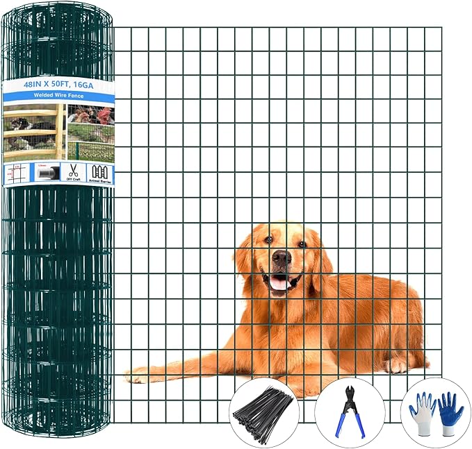 Welded Wire Fence, 50ft(L) x 48inch(H) Garden Fence for Dog, 2 Inch x 3 Inch 16GA Fencing for Chicken, PVC Coated Anti-Rust Roll Metal Wire Mesh Fence for Yard Vegetable, Green
