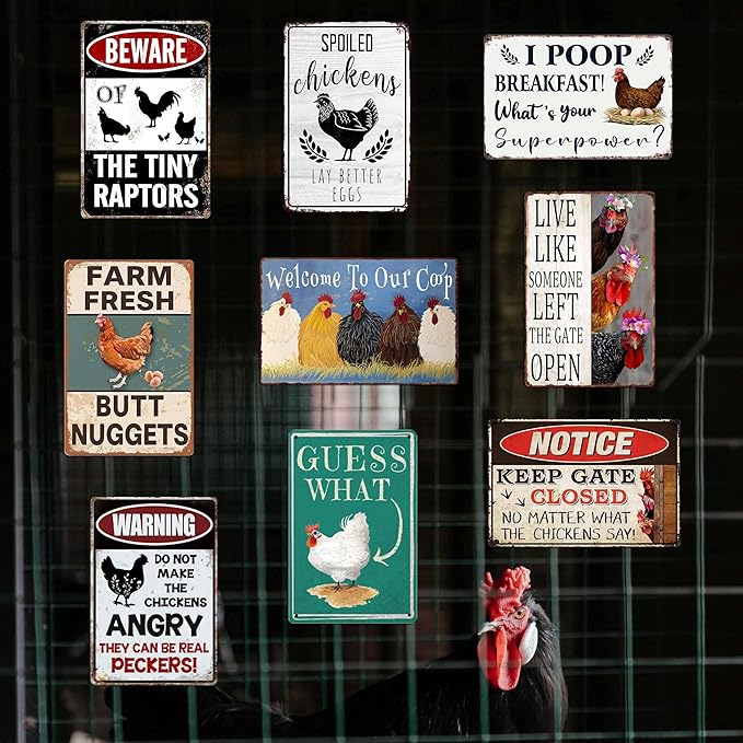 Funny Chicken Coop Signs Outdoor Decor - Personalized Metal Farm Signs for Outdoors, Vintage Chickens Tin Sign 8x12 Inches (9-Pack) - Chicken Gifts for Chicken Lovers, Farmhouse Yard Fence & Garden Wall Decor