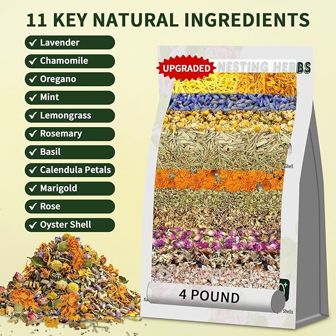 Chicken Nesting Herbs 64 oz – 11 Natural Dried Herb Blend with Marigold for Chicken Coop & Roost Refresh, Nesting Box & Dust Bath, Supports Natural Nesting Behavior