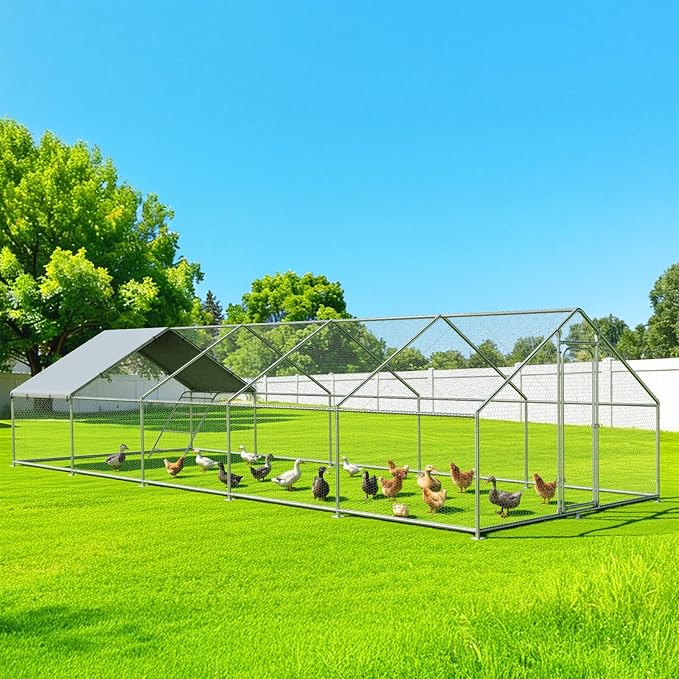 Large Metal Chicken Coop with Roosting Perch, Waterproof and UV Protection Cover, Chicken Run Outdoor Walk-in Cage Chicken Rabbit Duck Hen House, Spire Roof (10'W x 32.8'L x 6.4'H)