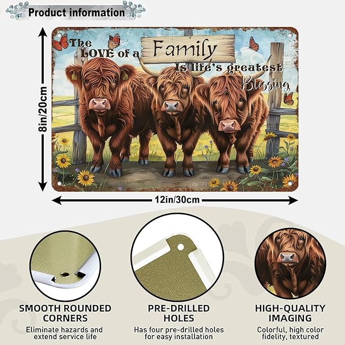 Cow Tin Sign Farm Metal Sign Highland Cows The Love of A Family Rustic Decor Vintage Tin Sign Home Kitchen Bar Cafe Farm Club Cave Wall Decor 12 * 8in