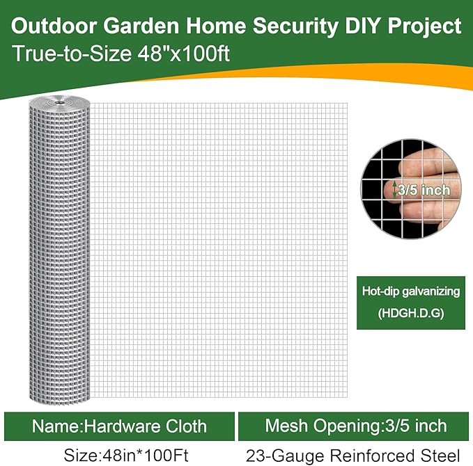 TNELTUEB 48in x 100ft Hardware Cloth Hot-Dip Galvanized Welded Wire Mesh - Heavy Duty 3/5inch 23 Gauge Chicken Wire Fencing for Garden, Chicken Coop, Rabbit Cage, Rodent & Predator Protection